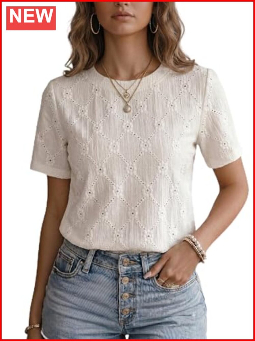 Eyelet Embroidered Hollow Out Scoop Neck Short Sleeve Blouse